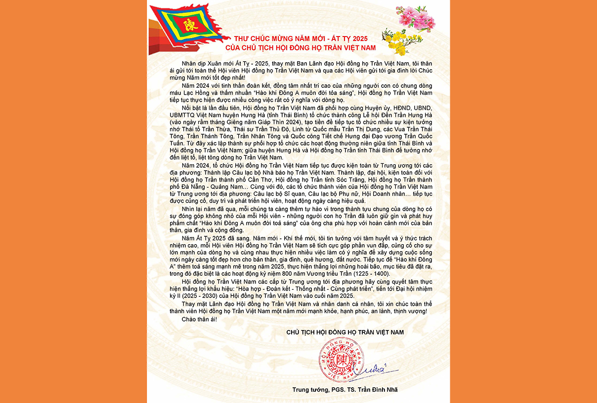 Thư chúc mừng năm mới Ất Tỵ 2025 của Chủ tịch Hội đồng họ Trần Việt Nam