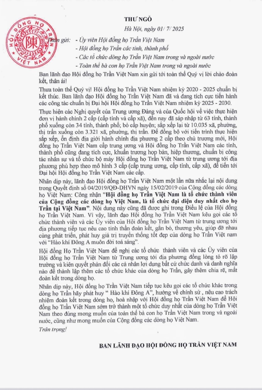 THƯ NGỎ CỦA LÃNH ĐẠO HỘI ĐÒNG HỌ TRẦN VIỆT NAM